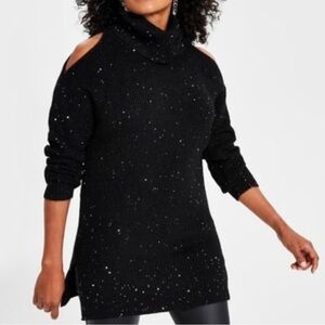 INC Cold Shoulder Sequin Tunic Sweater Black | Women’s Small